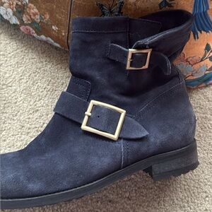 Jimmy Choo Navy Suede Ankle Boots with Gold Buckles
